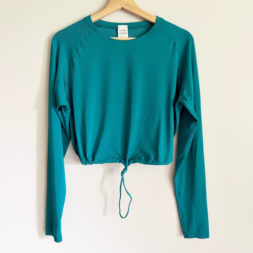 Gymshark Womens Cropped Drawstring Waist Top XL Teal Green Long Sleeve